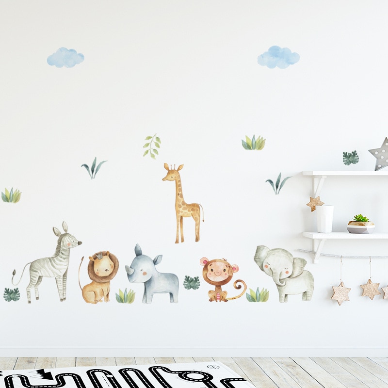 Watercolor Safari Cartoon Animals Jungle Wall Stickers for kids room Baby Nursery Room Decoration PVC wall Decals Living Room